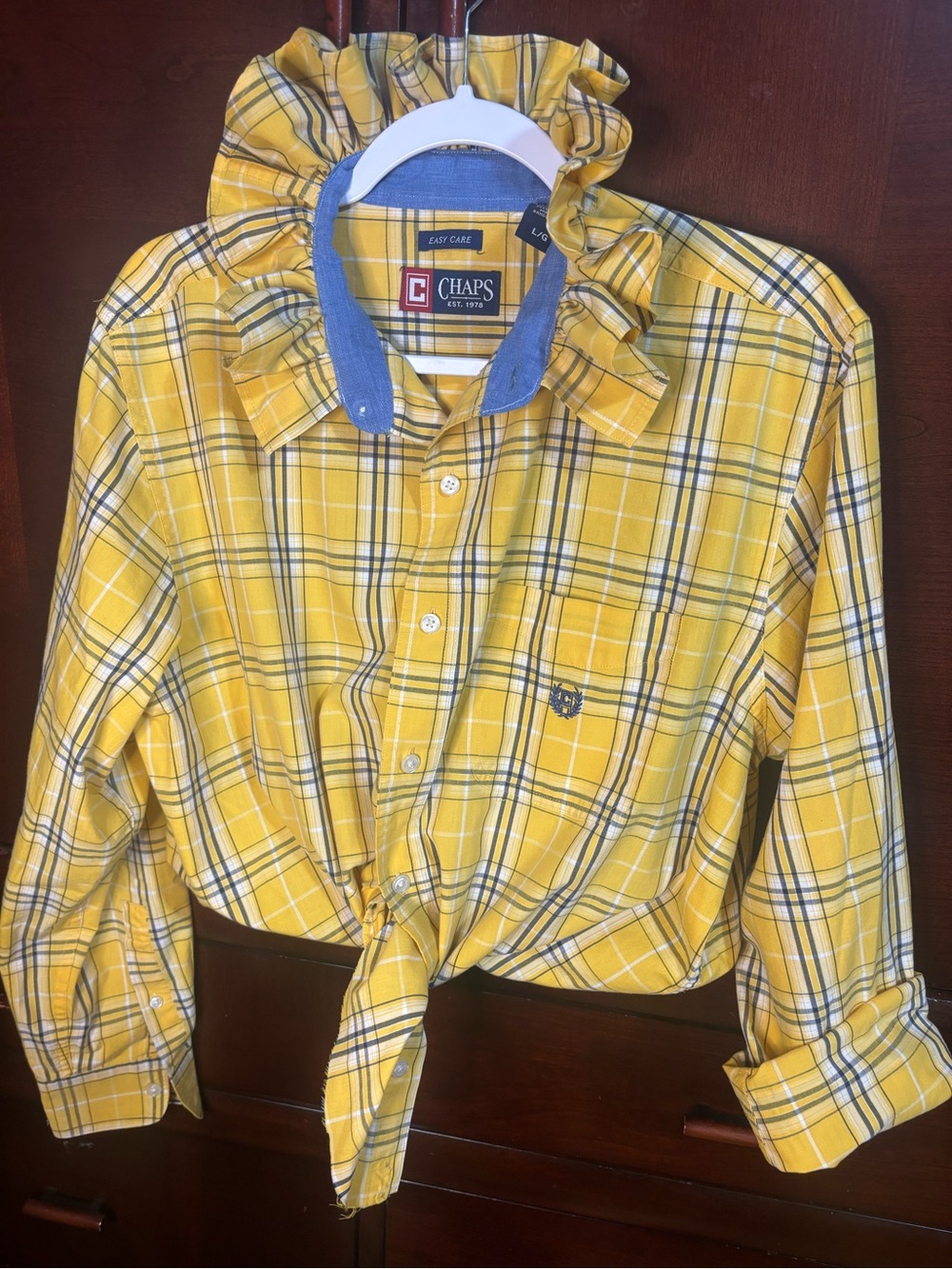 Upcycled Women’s Chaps Yellow Plaid Button-Up Shirt with Ruffle Collar